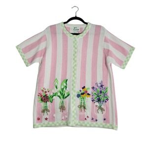 VTG The Quacker Factory Cardigan Womens M Pink Striped Floral Short Sleeve NWOT
